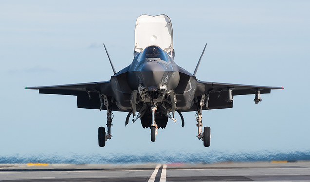 An F-35B assigned to the Patuxent River Integrated Test Force performs flight trials aboard the Royal Navy aircraft carrier HMS Queen Elizabeth (R08) on November 3, 2018. The Royal Navy and Royal Air Force will operate the F-35B to replace the Harrier GR9 and Tornado GR4.